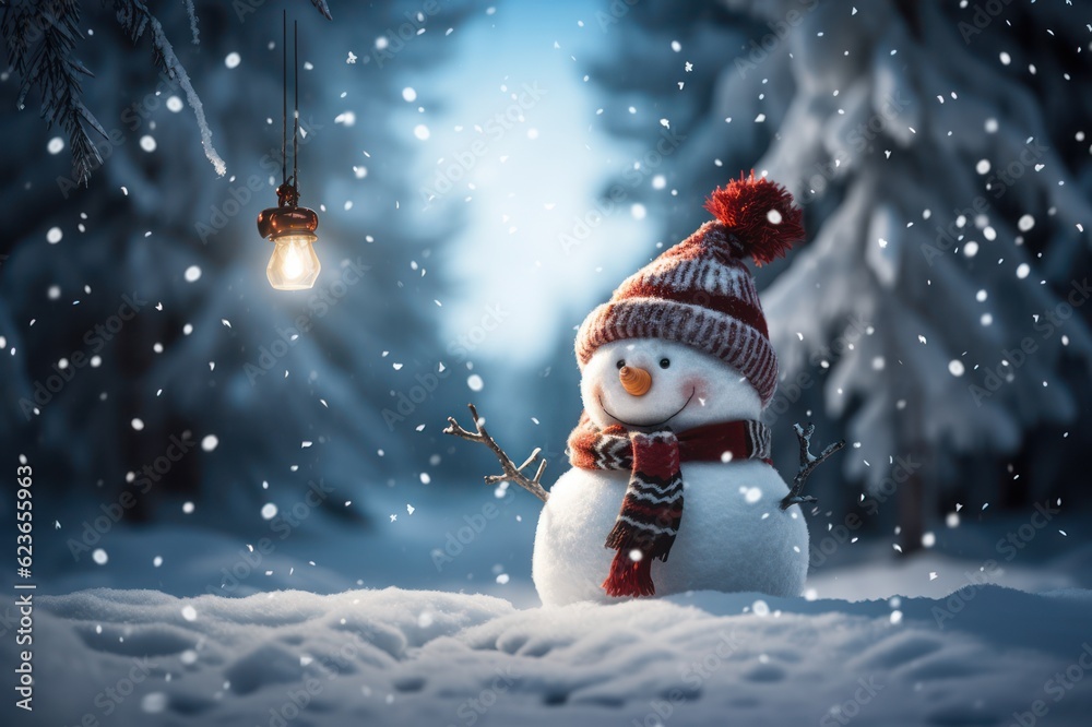 Snowman in the winter forest with lanterns. Christmas background, Generative AI