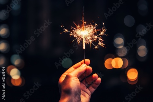 Burning sparkler in female hand on bokeh background., Generative AI