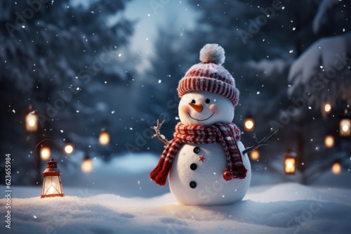Snowman in the winter forest with lanterns. Christmas background, Generative AI