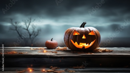 Halloween pumpkin jack o lantern on wooden table with copy space, Generative AI