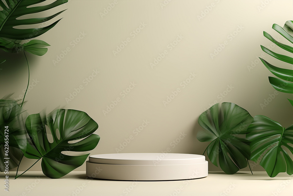 Minimal podium for product presentation with tropical leaves. Background for cosmetic product branding. Generative AI Minimal podium for product presentation with tropical leaves. Background for cosmetic product branding. Generative AI