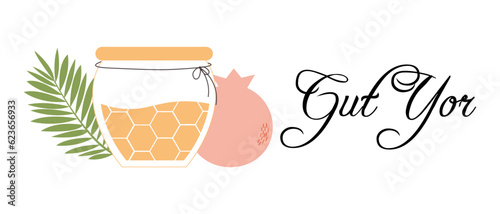 Jewish new year, rosh hashanah. Flyer banner with traditional icons. Happy New Year, Shana Tova in Hebrew. Honey,palm leaves and pomegranate. Jewish New Year. Vector illustration.
