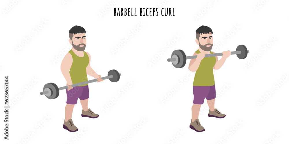 Undersized man doing barbell biceps curl exercise Undersized man doing barbell biceps curl exercise