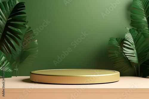Minimal podium for product presentation with tropical leaves. Background for cosmetic product branding. Generative AI