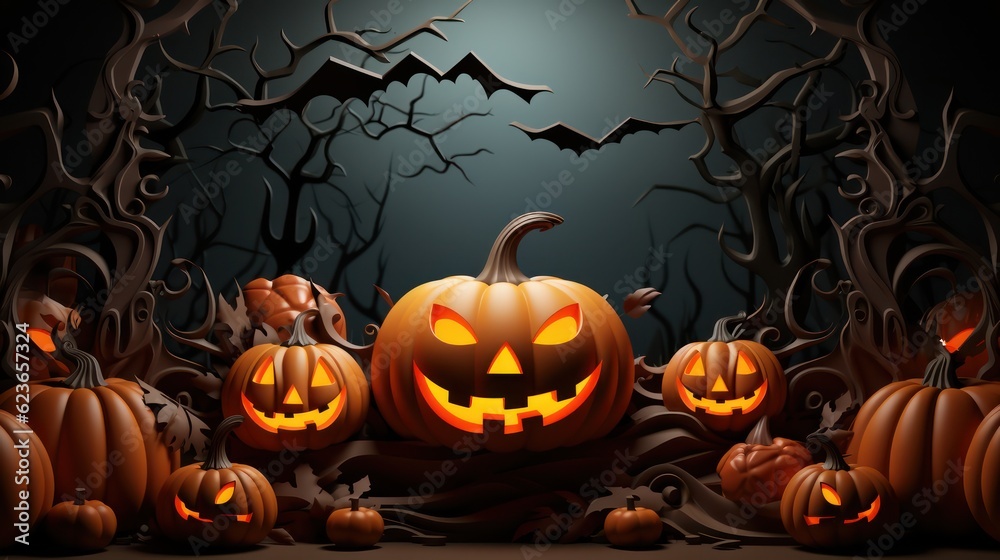Halloween pumpkins in the graveyard on the spooky Night. Halloween background concept. Generative Ai.