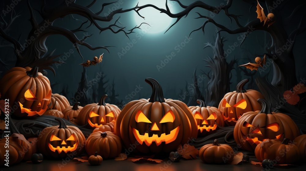 Halloween pumpkins in the graveyard on the spooky Night. Halloween background concept. Generative Ai. Halloween pumpkins in the graveyard on the spooky Night. Halloween background concept. Generative Ai.
