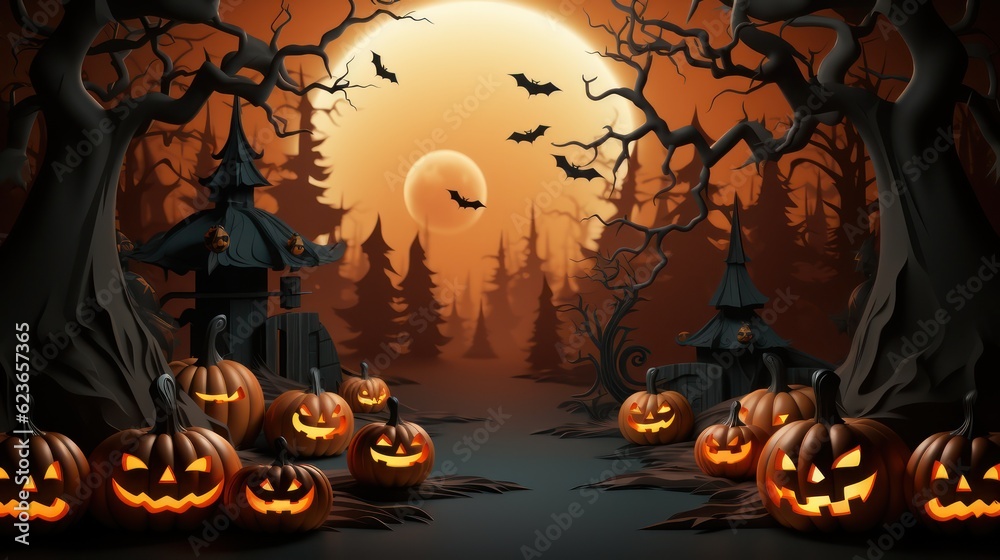 Fototapeta premium Halloween pumpkins in the graveyard on the spooky Night. Halloween background concept. Generative Ai.