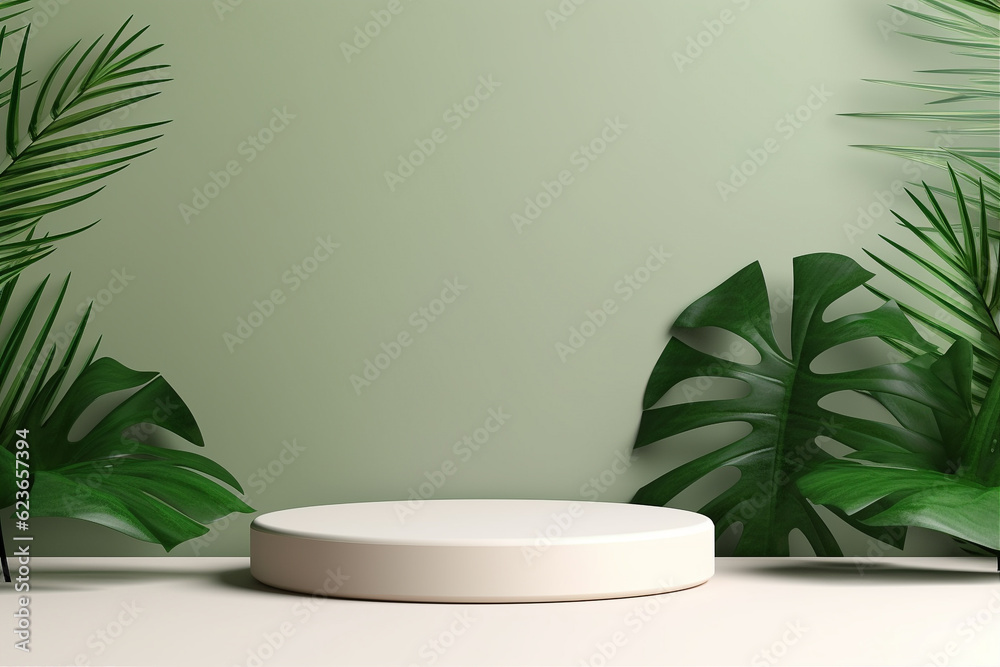 Minimal podium for product presentation with tropical leaves. Background for cosmetic product branding. Generative AI Minimal podium for product presentation with tropical leaves. Background for cosmetic product branding. Generative AI
