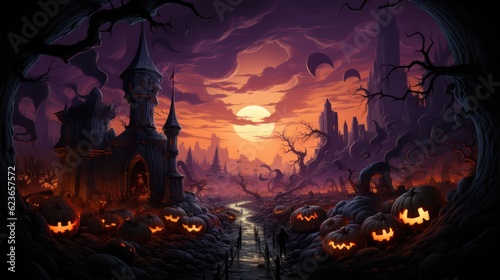 Halloween pumpkins in the graveyard on the spooky Night. Halloween background concept. Generative Ai.