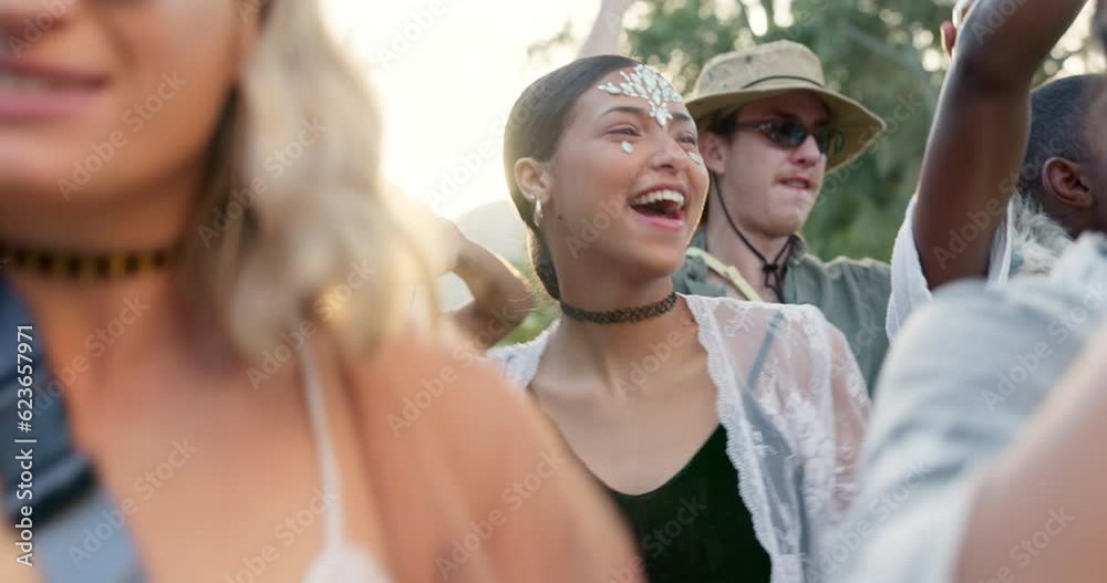 Dance, festival and music with woman in crowd for celebration, concert ...