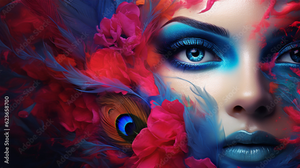 Colorful Illustration Close-up of A Woman in Red and Blue Colorful Illustration Close-up of A Woman in Red and Blue