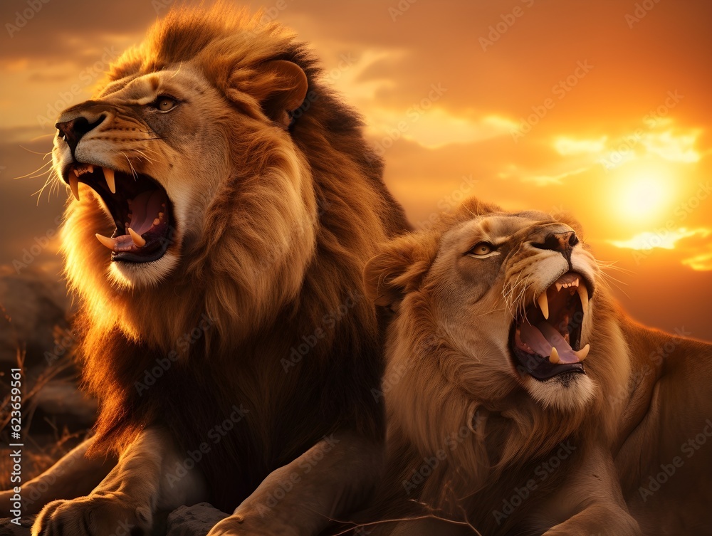 Naklejka premium Könige der Savanne: Die brüllenden Löwen
