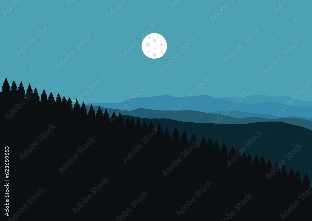 Naklejka premium Beautiful landscape silhouette at night with moon. Vector illustration in flat style