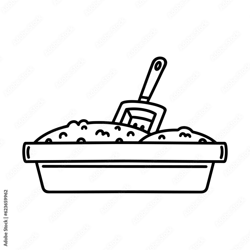 Cat or dog litter toilet vector icon. Container with sand or filler and scoop. Animal care equipment. Simple sketch, isolated outline. Black and white clipart for pet shop, vet clinic, print, web Cat or dog litter toilet vector icon. Container with sand or filler and scoop. Animal care equipment. Simple sketch, isolated outline. Black and white clipart for pet shop, vet clinic, print, web