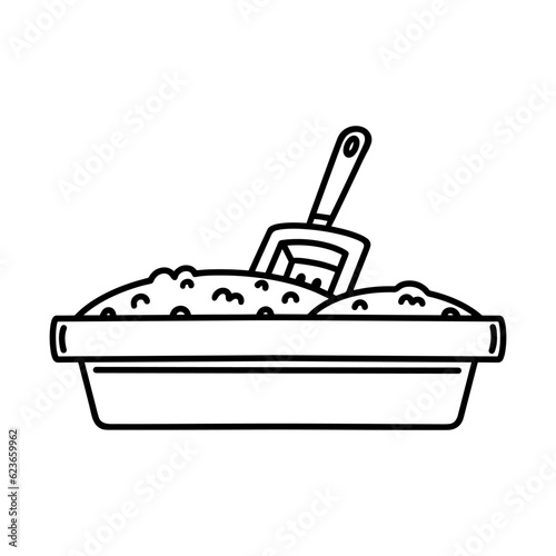 Cat or dog litter toilet vector icon. Container with sand or filler and scoop. Animal care equipment. Simple sketch, isolated outline. Black and white clipart for pet shop, vet clinic, print, web