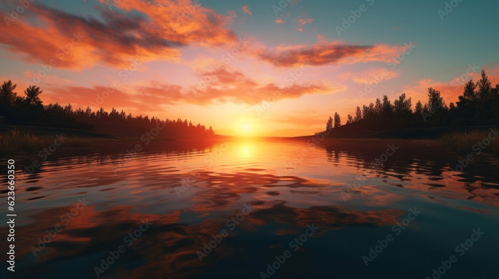 sunset over the river Ai generative HD 8K wallpaper Stock Photographic Image