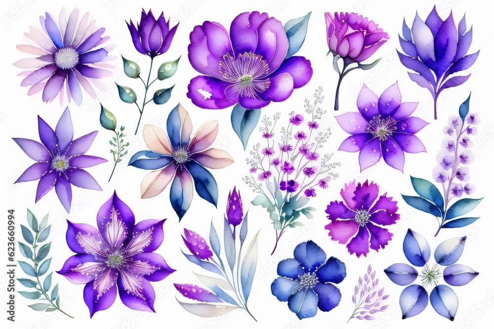 Obraz premium Set flowers and leave painting watercolor floral illustration made with Generative AI