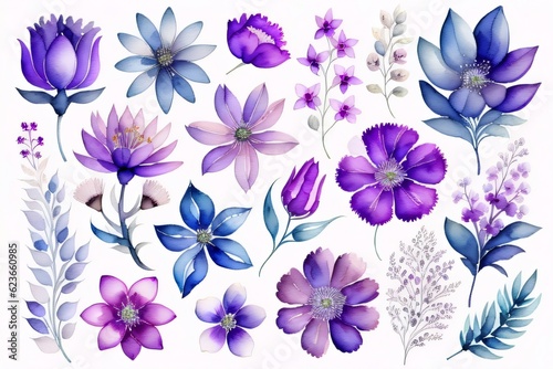 Set flowers and leave painting watercolor floral illustration made with Generative AI