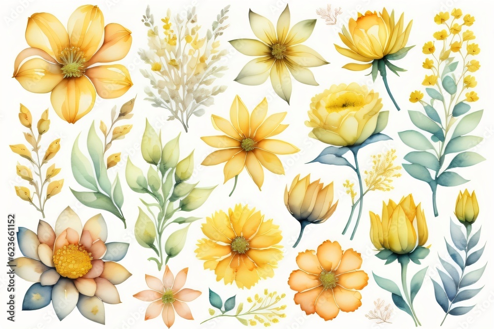 Set flowers and leave painting watercolor floral illustration made with Generative AI