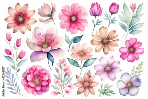 Set flowers and leave painting watercolor floral illustration made with Generative AI