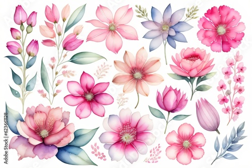 Set flowers and leave painting watercolor floral illustration made with Generative AI