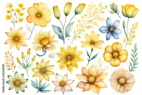 Set flowers and leave painting watercolor floral illustration made with Generative AI