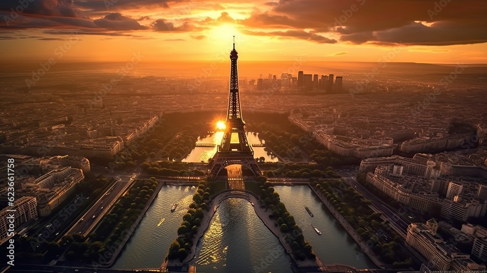 Aerial view of eiffel tower paris france sunrise. Generate Ai