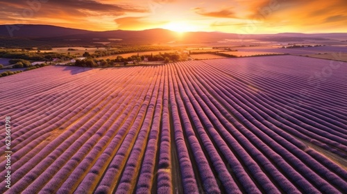 Aerial view of Lavender fields, France, at sunrise. Generate Ai