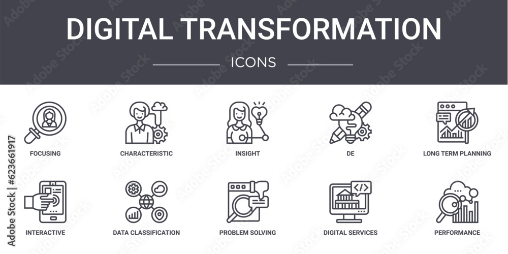 Vetor de digital transformation concept line icons set. contains icons ...