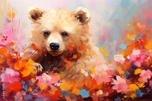 bear in flower blossom atmosphere gloden colorful oil paint photo