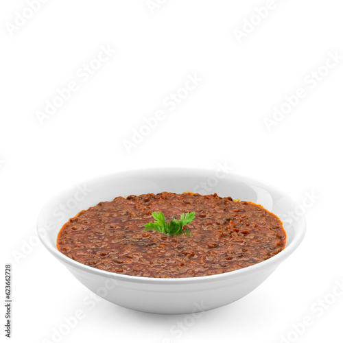 akka masoora or masura, masoor gravy item favmos in white bowl on white background  photo