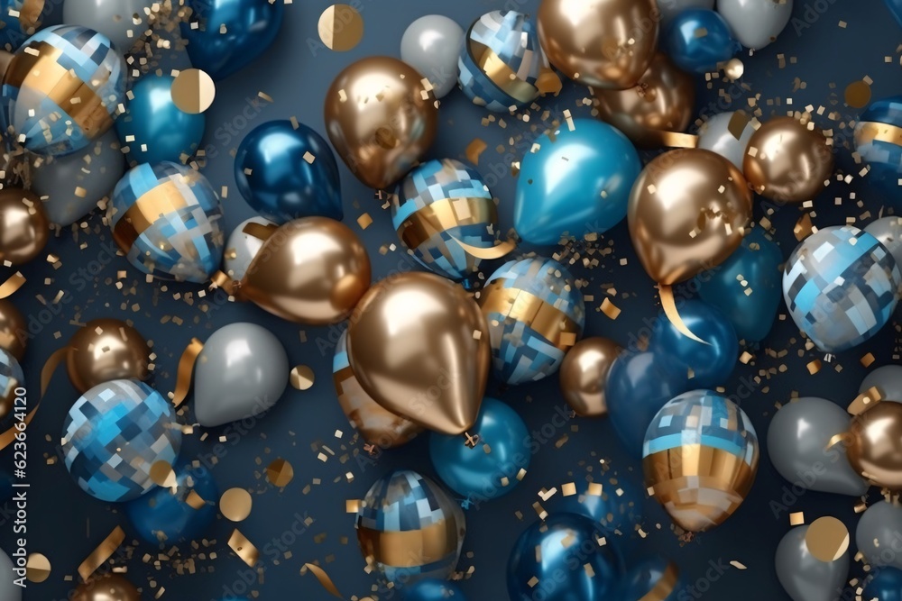 Bunch of blue and gold balloons with ribbons on bokeh background. Confetti. Generative AI technology Bunch of blue and gold balloons with ribbons on bokeh background. Confetti. Generative AI technology