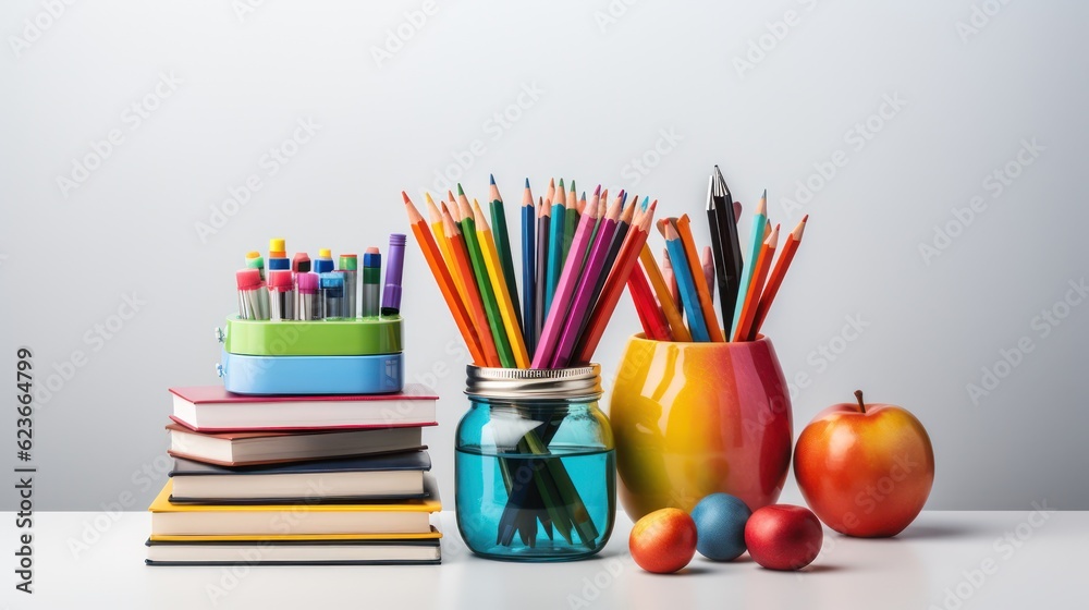 Back to school concept. Group of school supplies: paint, pencils, paper, notepad on wooden table. Generative Ai.