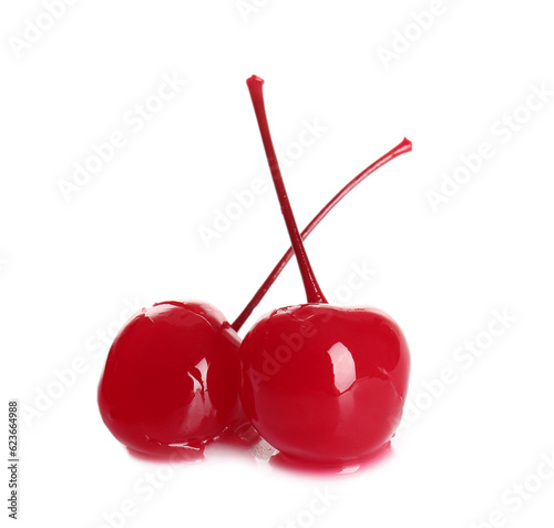 Tasty maraschino cherries on white background photo