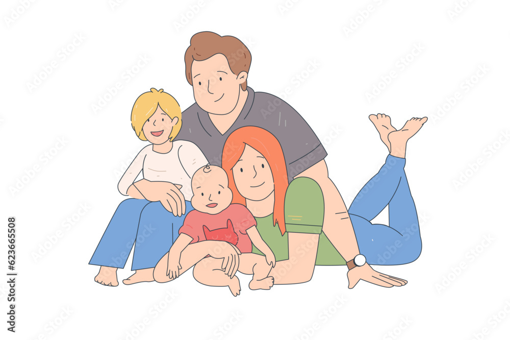 Beautiful and happy smiling young family in white T-shirts are hugging Beautiful and happy smiling young family in white T-shirts are hugging