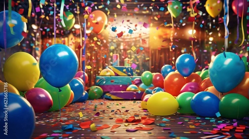 Party decoration. Bunch of blue and gold balloons with ribbons on bokeh background. Confetti. Generative AI technology
