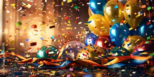 Party decoration. Bunch of blue and gold balloons with ribbons on bokeh background. Confetti. Generative AI technology