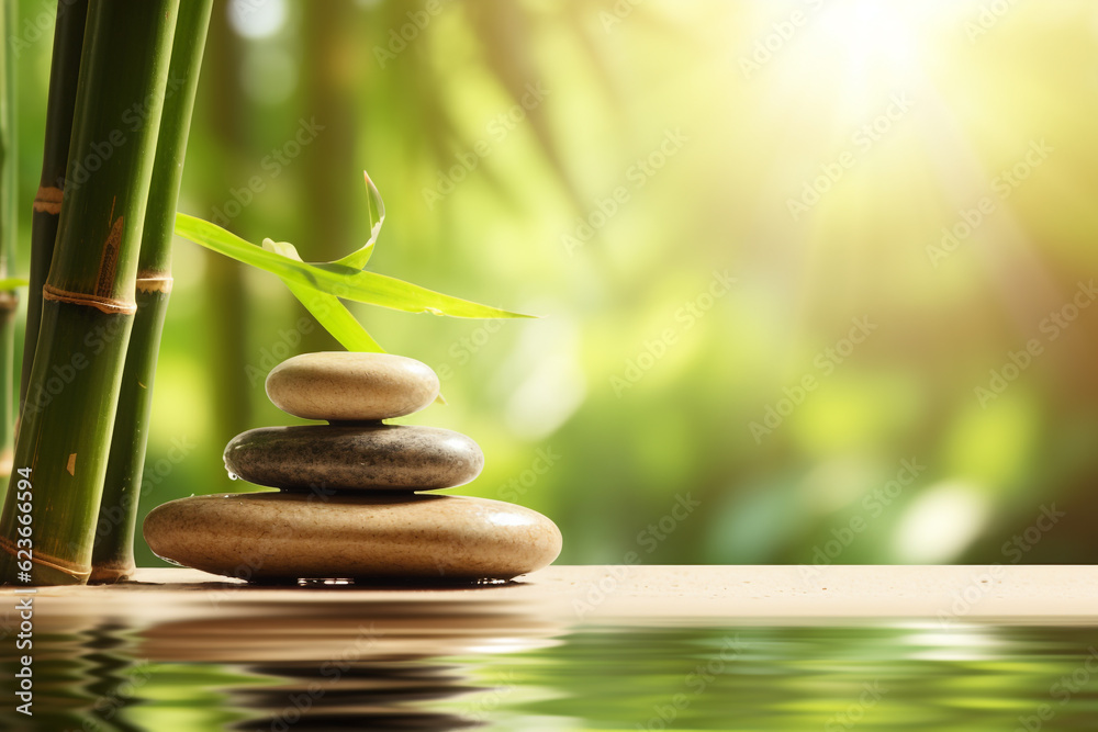 States of mind, meditation, feng shui, relaxation, nature, zen concept. Bamboo, rocks and water background with copy space. Nature illuminated with sunlight. Generative AI