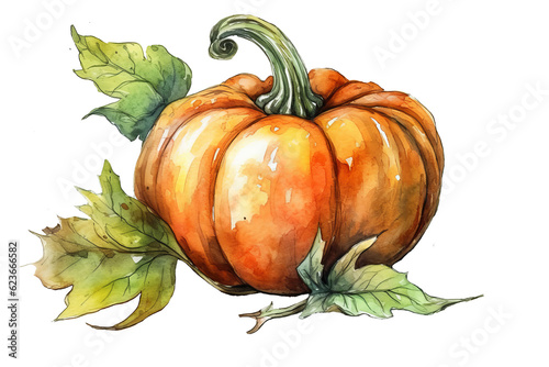 illustration watercolor of pumpkin with leaves, on transparent background with png file.