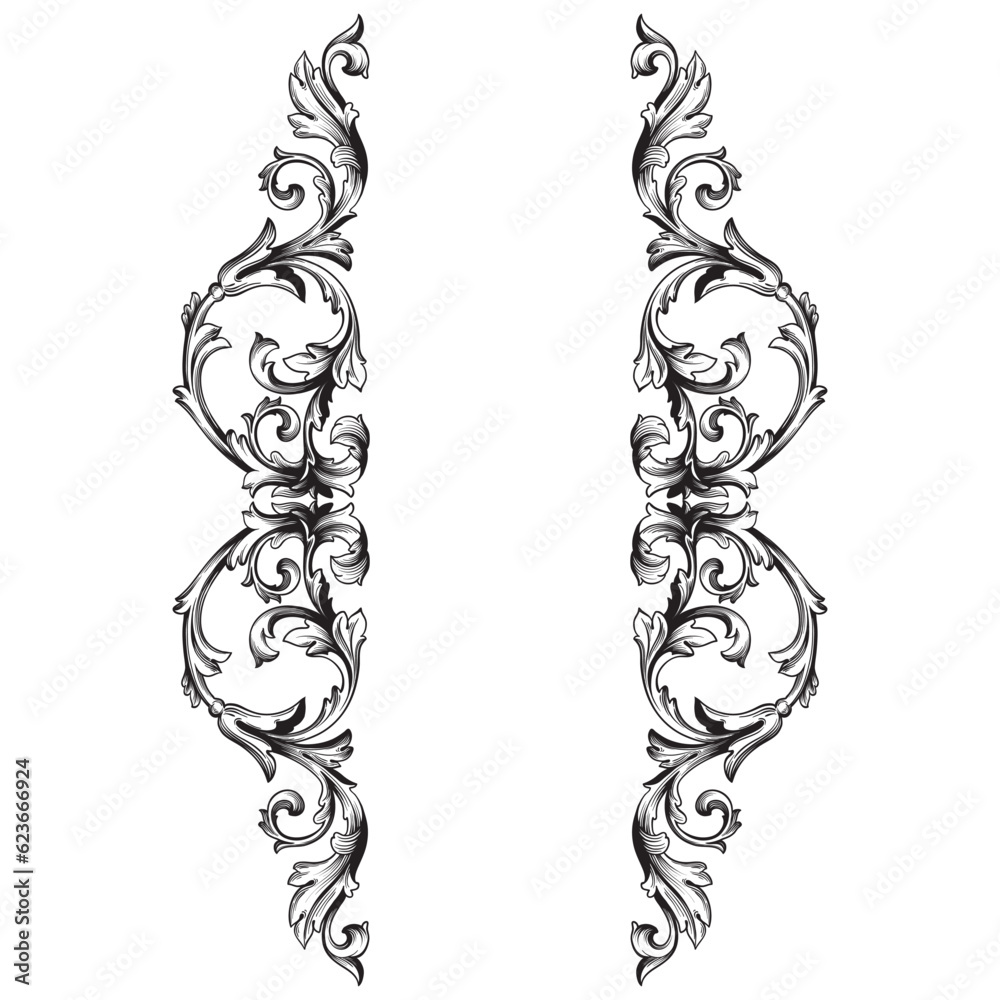 Border and Frame with baroque style. Ornament elements for your design. Black and white color. Floral engraving decoration for postcards or invitations for social media. Border and Frame with baroque style. Ornament elements for your design. Black and white color. Floral engraving decoration for postcards or invitations for social media.