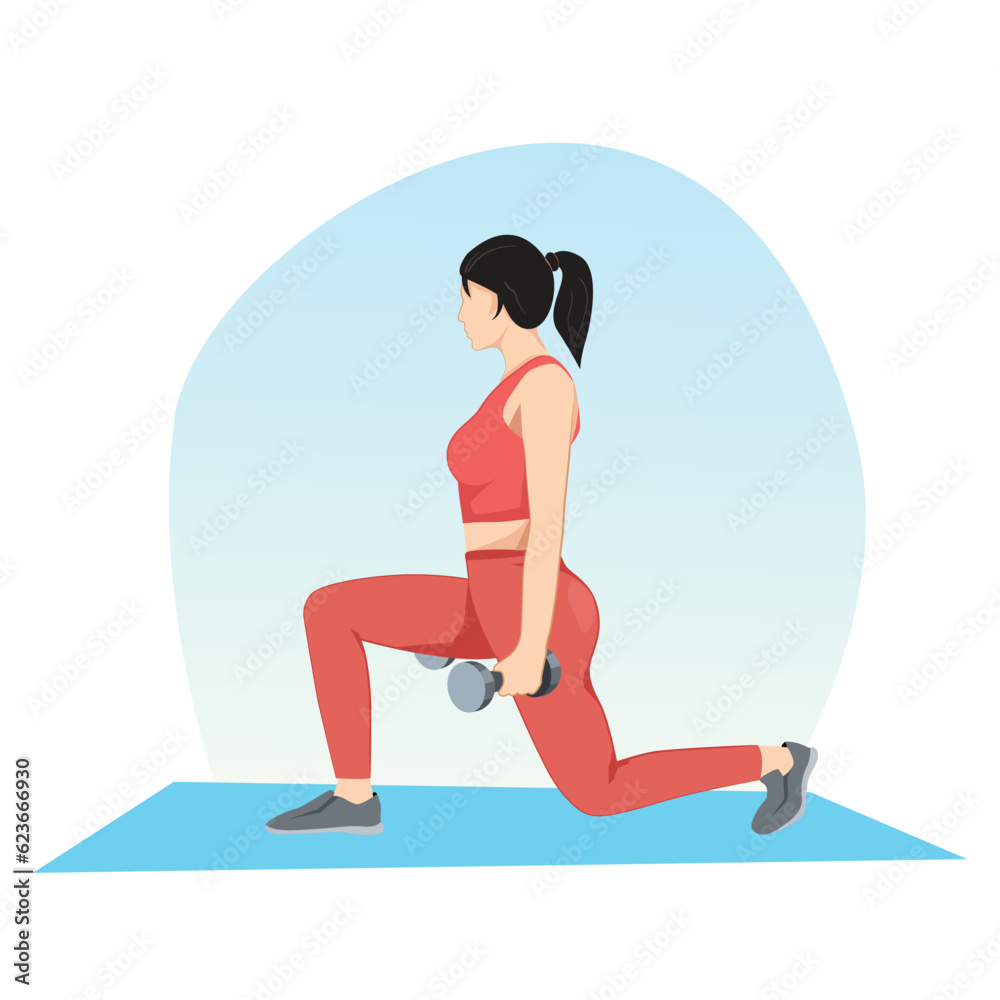 Women doing fitness with dumbbell squat, reverse lunge in 2 step, fitness concept vector illustration Women doing fitness with dumbbell squat, reverse lunge in 2 step, fitness concept vector illustration
