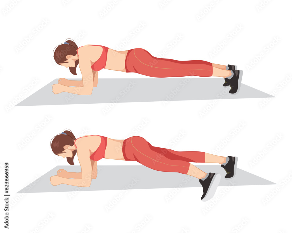 Woman doing side plank leg stretch in 2 steps on grey mat. Illustration about workout posture introduction.