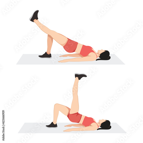 Girl doing single leg glute bridge exercise, bridge with kick, woman workout fitness vector illustration.