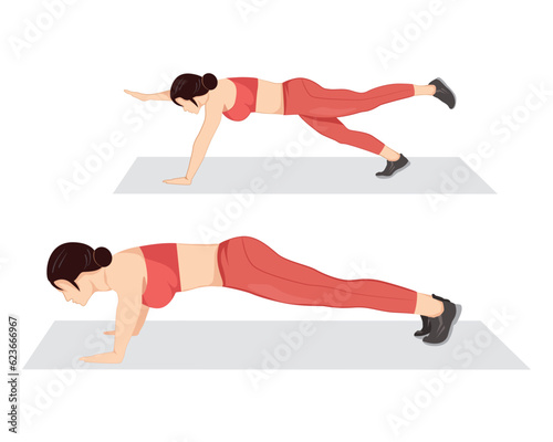 Woman doing hip jump push exercise. flat vector illustration isolated on white background