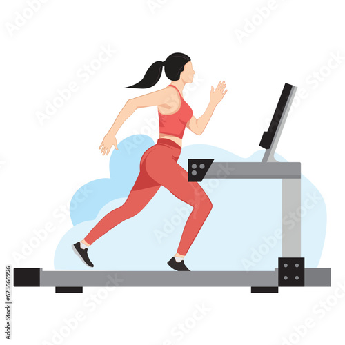 Girl running on the treadmill, concept vector illustration
