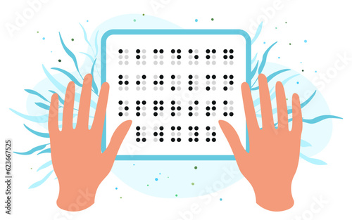 Braille English alphabet. World Braille Day (January 4). A blind man's hands touch Braille letters. Vector illustration