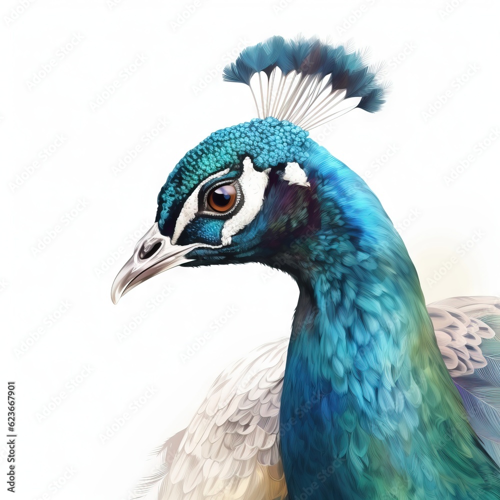a blue and white bird with a feathered head and tail is standing in front of a white background and has a white background behind it. generative ai a blue and white bird with a feathered head and tail is standing in front of a white background and has a white background behind it. generative ai