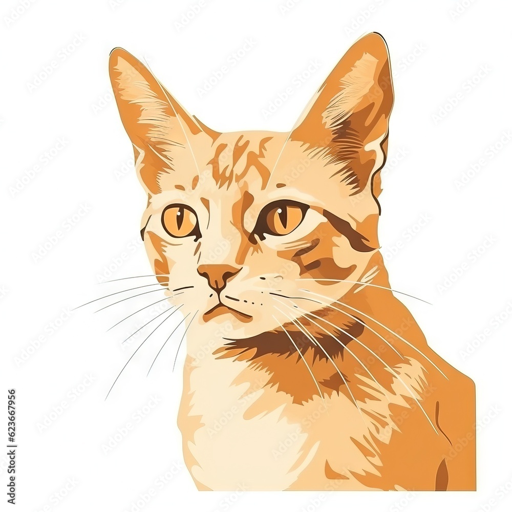  an orange cat with a white background is looking at the camera with a serious look on its face, with a white background behind it.  generative ai