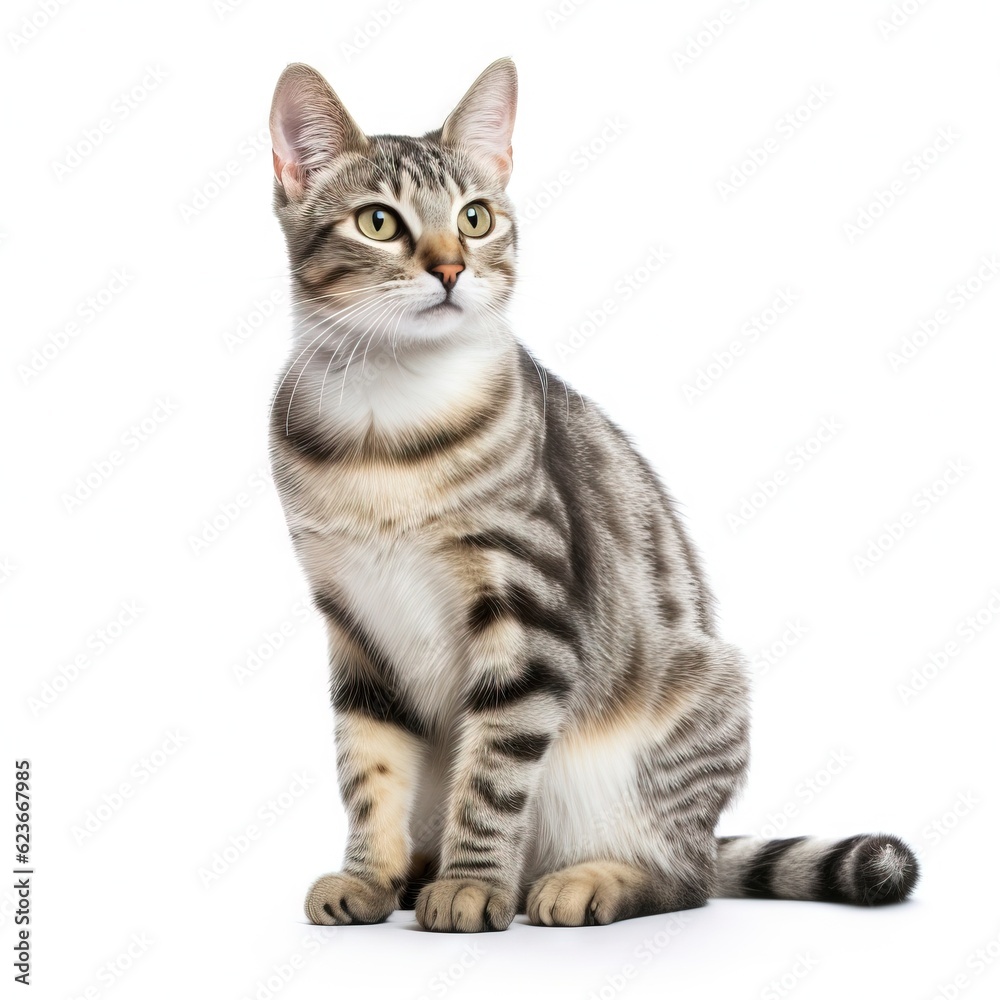  a striped cat sitting on a white surface looking up at the camera with a curious look on its face, with one eye open and one eye closed.  generative ai