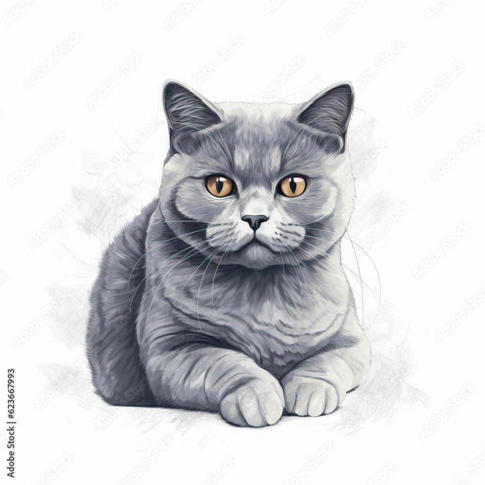  a drawing of a grey cat with yellow eyes sitting down and looking at the camera with a serious look on his face and eyes, on a white background.  generative ai